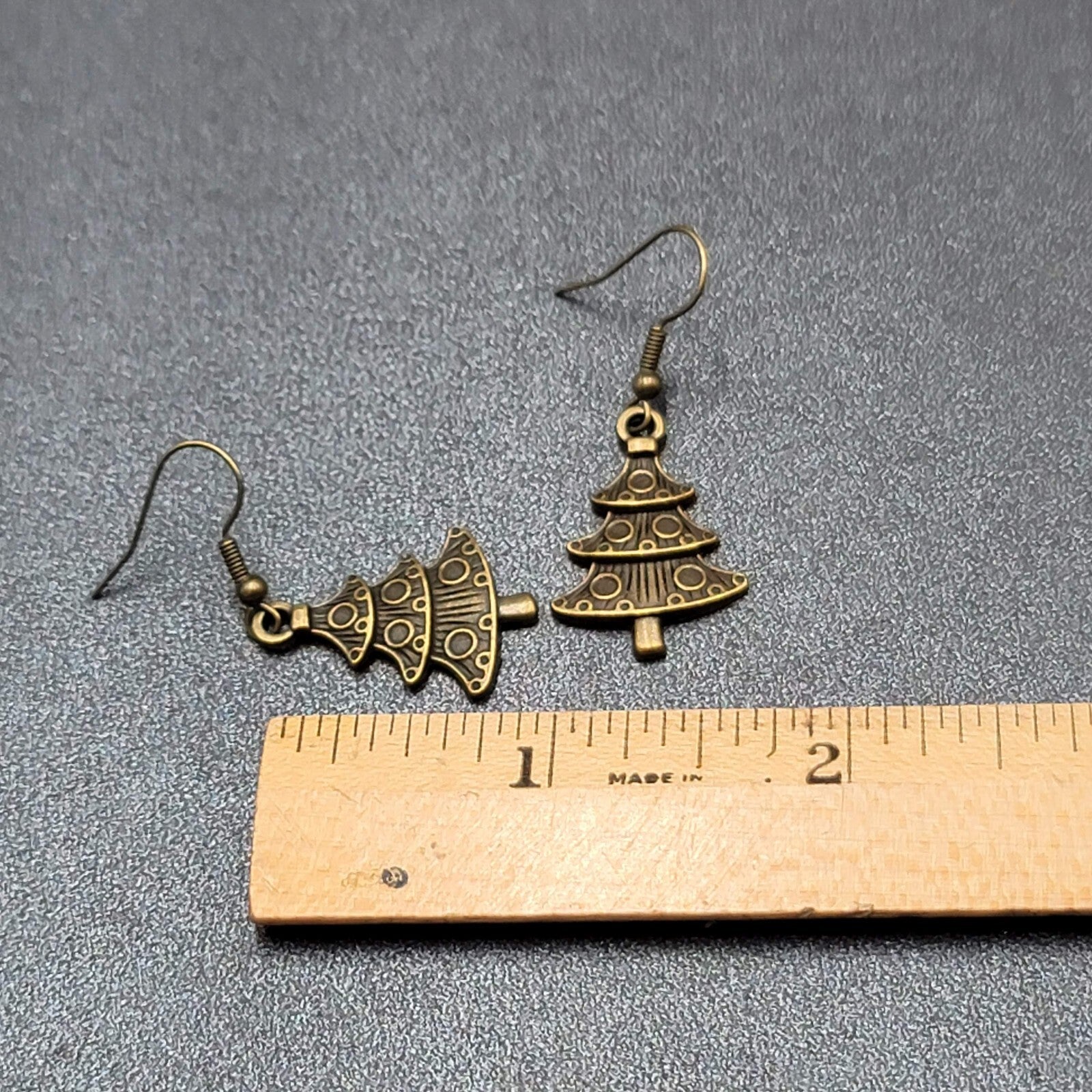 New Christmas Tree Pierced Earrings Embossed Bronze tone Dangle 1"