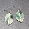 Pierced Earrings Silver tone Green White Resin Oval Dangle 1 3/8"