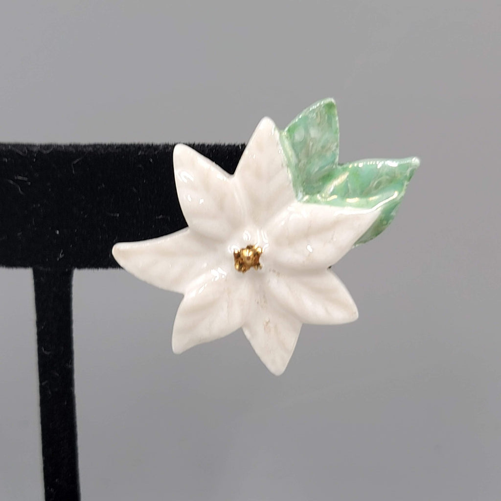 Vintage Ceramic Poinsettia Flower Clip on Earrings Drop 1.25"