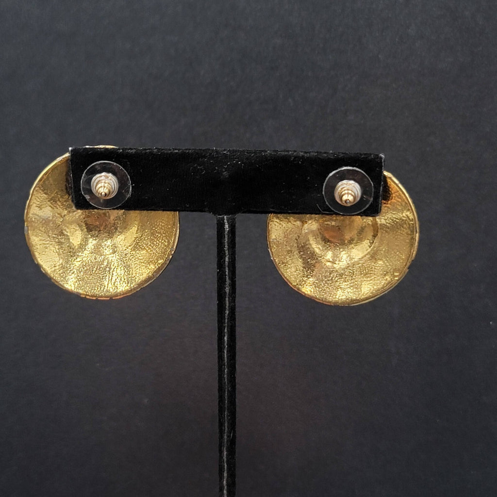 Vintage Pierced Earrings Gold Plated Large Round Enamel 1.25"