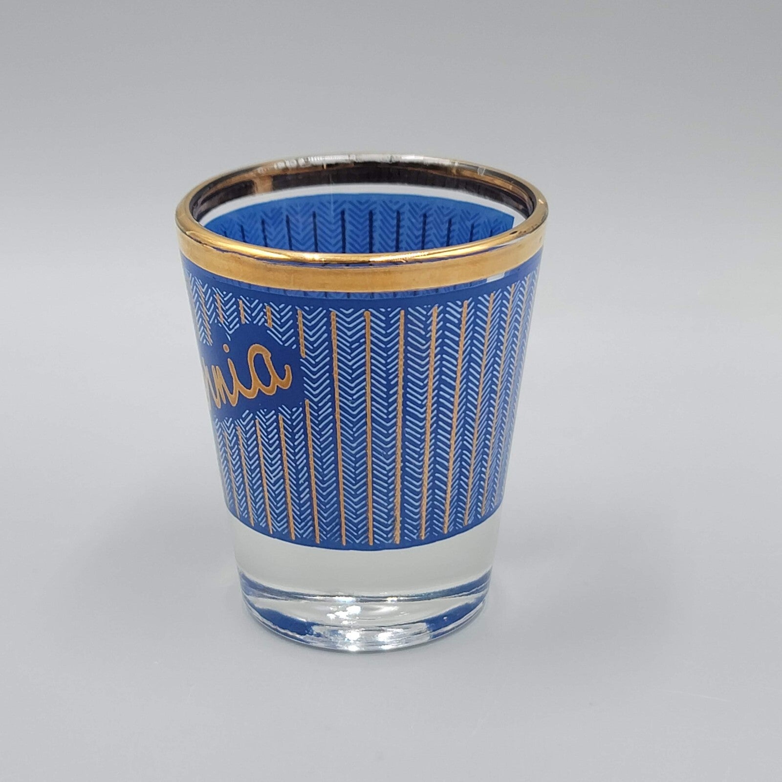 Vintage California Shot Glass Blue Gold Clear Souvenir  2 oz