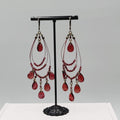 Red Bead Pierced Earrings Bronze tone Dangle Loops 3.5"