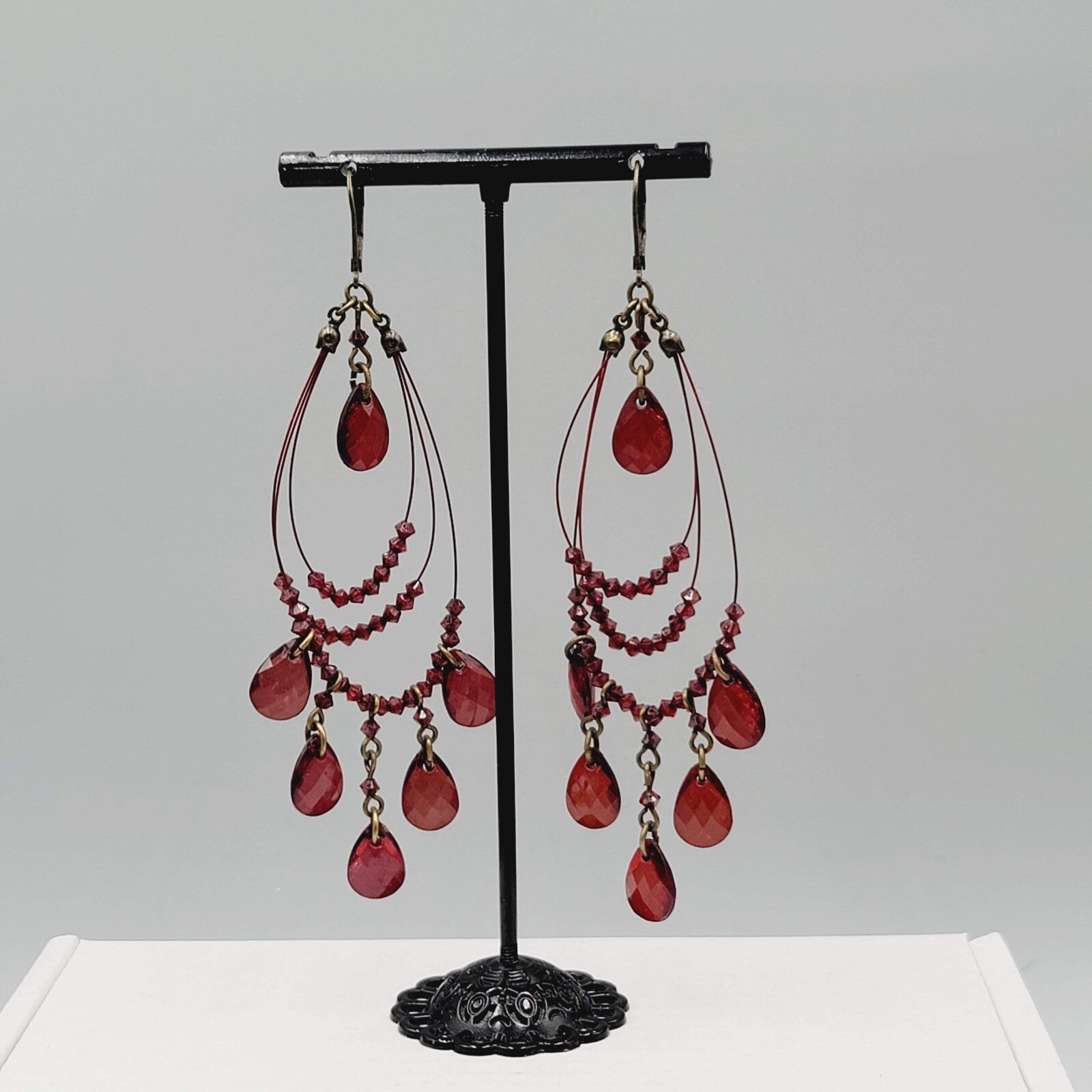 Red Bead Pierced Earrings Bronze tone Dangle Loops 3.5"
