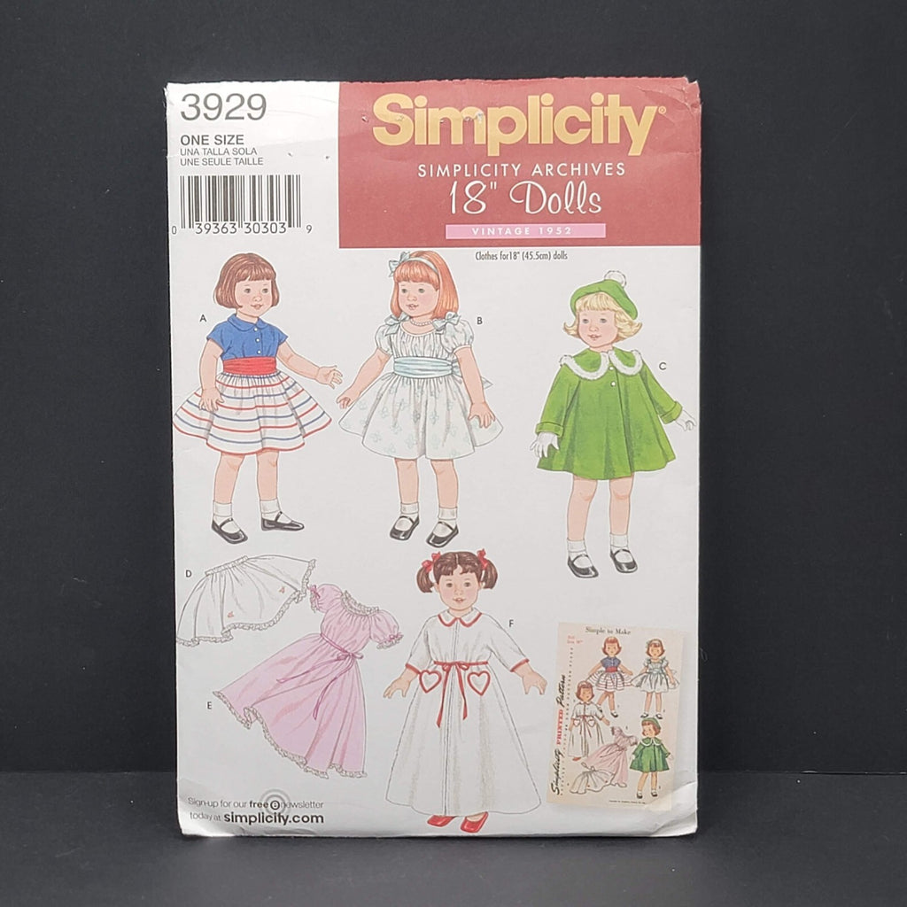 Simplicity Archives 3929 18 in Doll Clothes 1952 Sewing Pattern Uncut