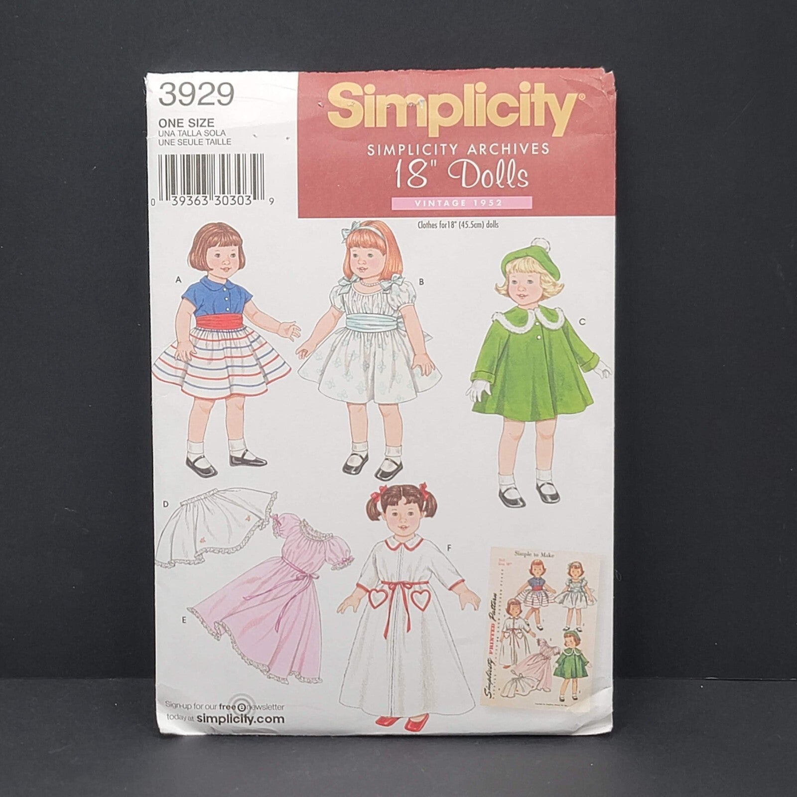 Simplicity Archives 3929 18 in Doll Clothes 1952 Sewing Pattern Uncut