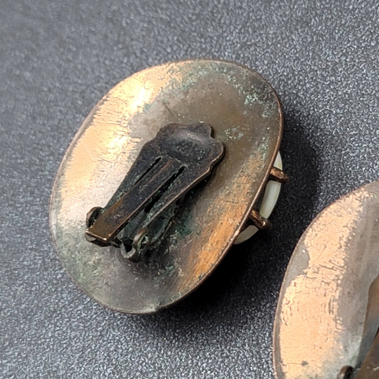 Vintage Clip on Earrings Copper Plated Mother of Pearl Accents Modernist 1.25"