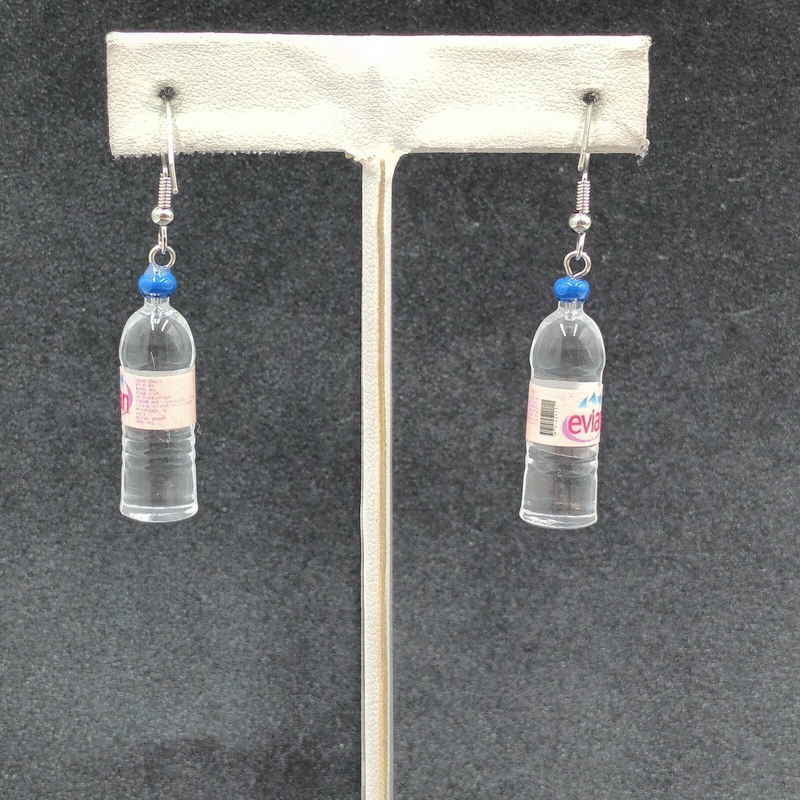 Evian Water Bottle Pierced Earrings  Silver tone Acrylic Miniature Dangle 1 1/4"