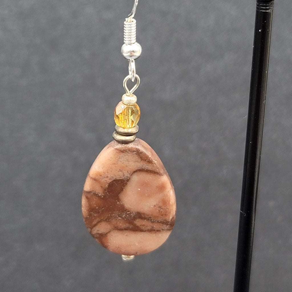 Pierced Earrings Sterling Silver Brown Stone Teardrop Bead Dangle 1.25"