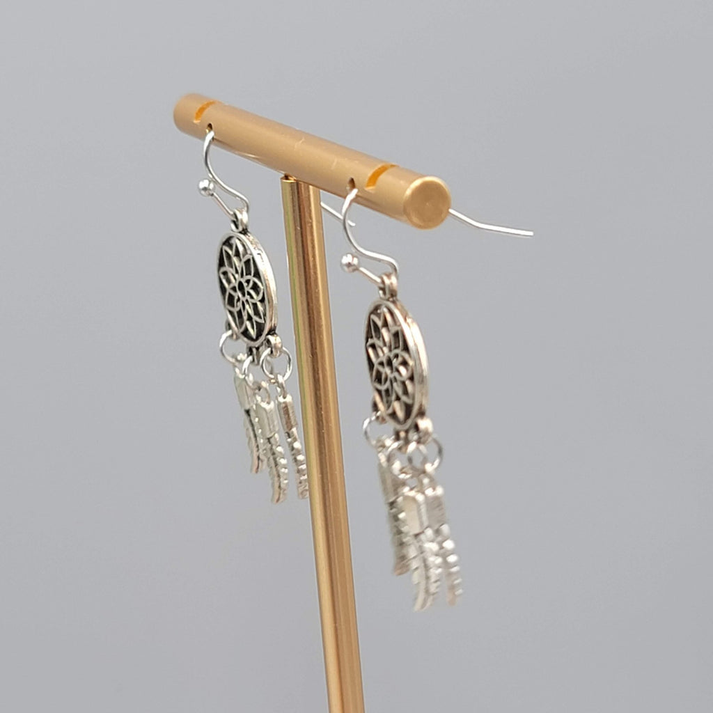 Dream Catcher Feather Pierced Earrings Silver tone Dangle 1.25 in