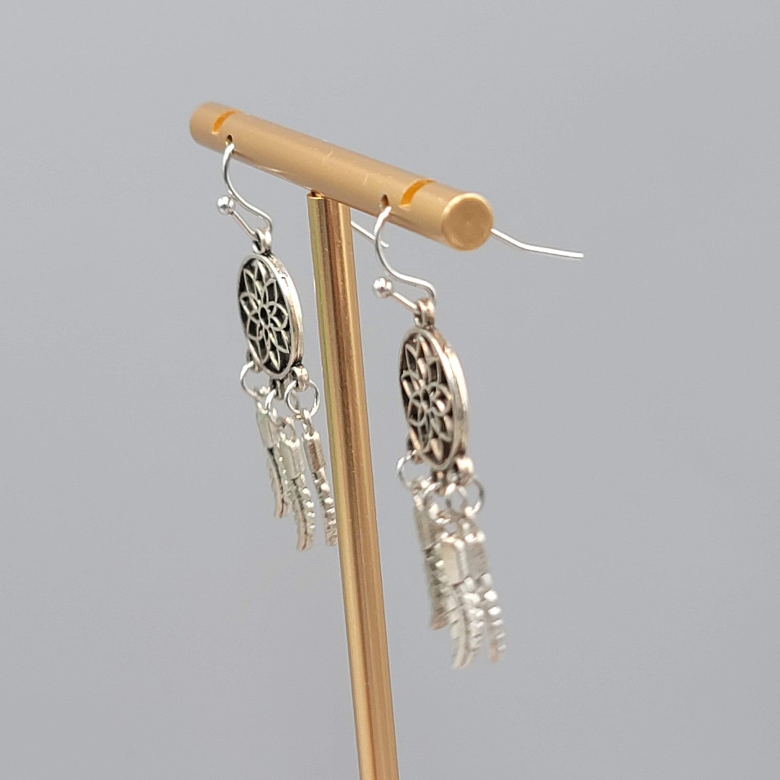 Dream Catcher Feather Pierced Earrings Silver tone Dangle 1.25 in