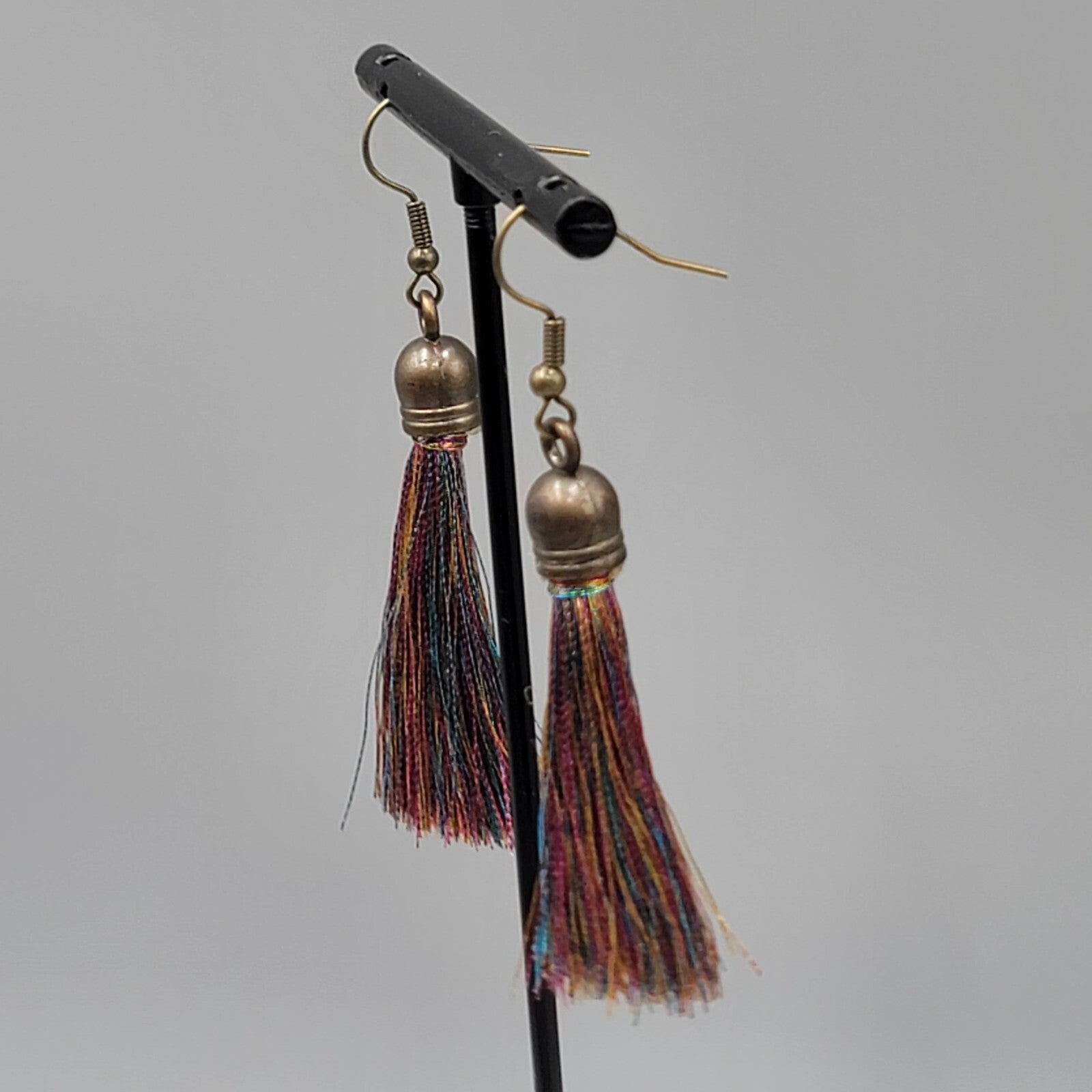 Tassel Pierced Earrings Bronze tone Multicolor Dangle 2"