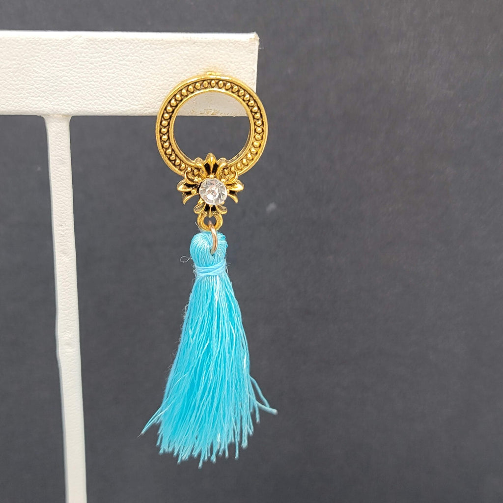 Pierced Earrings Gold tone Blue Tassel Rhinestone Statement Dangle 2.5"
