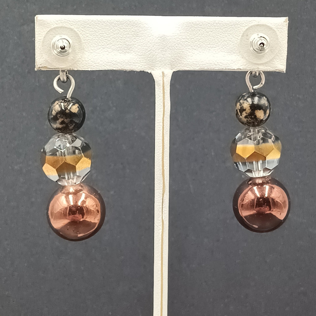 Pierced Earrings Silver tone Acrylic and Glass Bead Dangle 2.25"