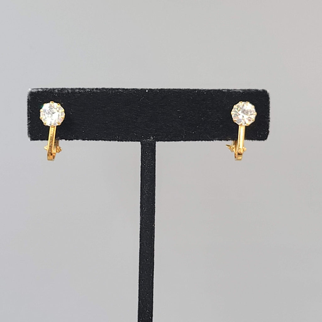 Vintage NOS Stud Rhinestone Solitaire Clip on Earrings Gold tone 1/4"