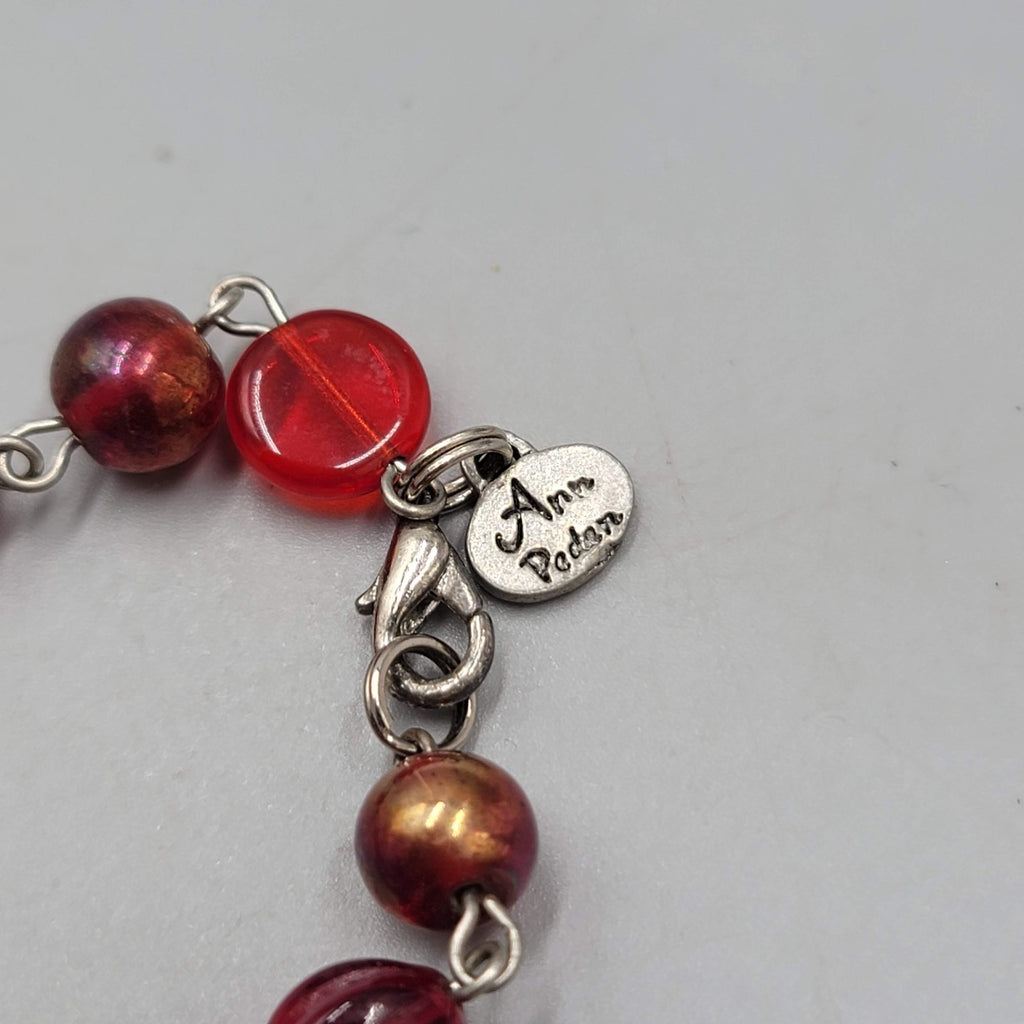 Ann Pedan Red Art Glass Bead Necklace Silver tone Long 26 in