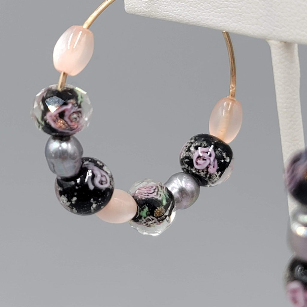 Hoops Black Pink Roses Art Glass Beads Pierced Earrings 1.75 in