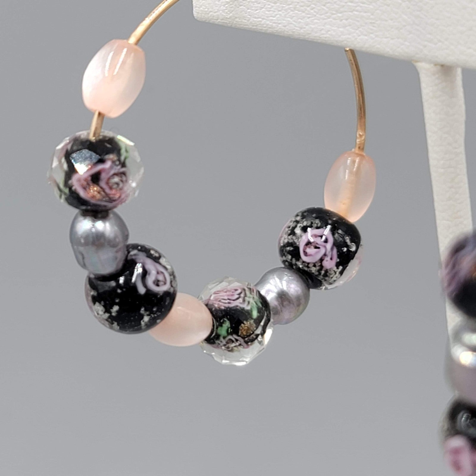 Hoops Black Pink Roses Art Glass Beads Pierced Earrings 1.75 in
