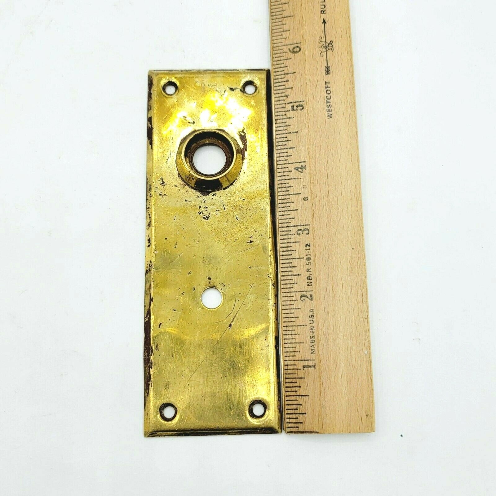 Vintage Brass Doorknob Back Plate Salvage Hardware Thumb Lock Hole 5 5/8" x 2"