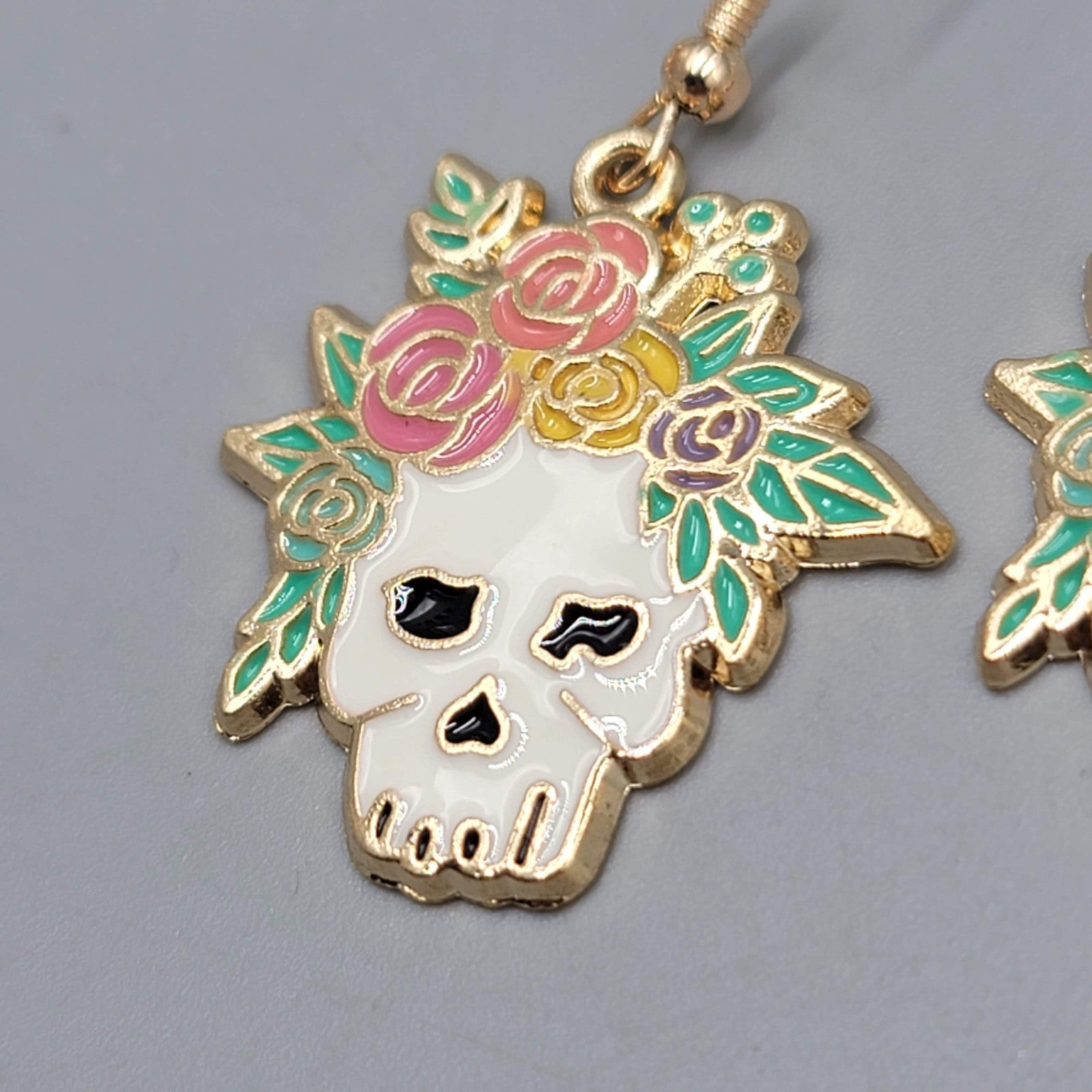 Pierced Earrings Gold tone Enamel Red Rose Moth Dangle 1 1/8"