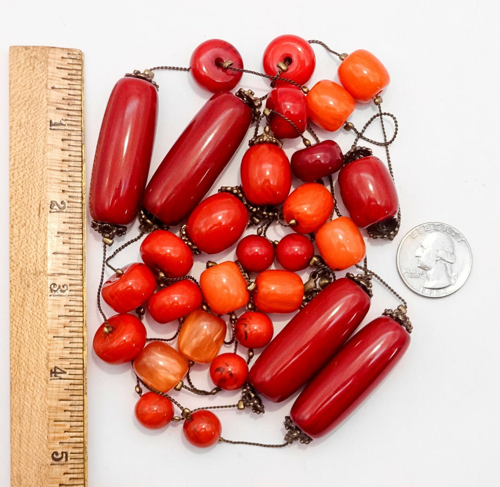 Extra Long Station Necklace Large Bead Single Strand Red Orange Acrylic 60"