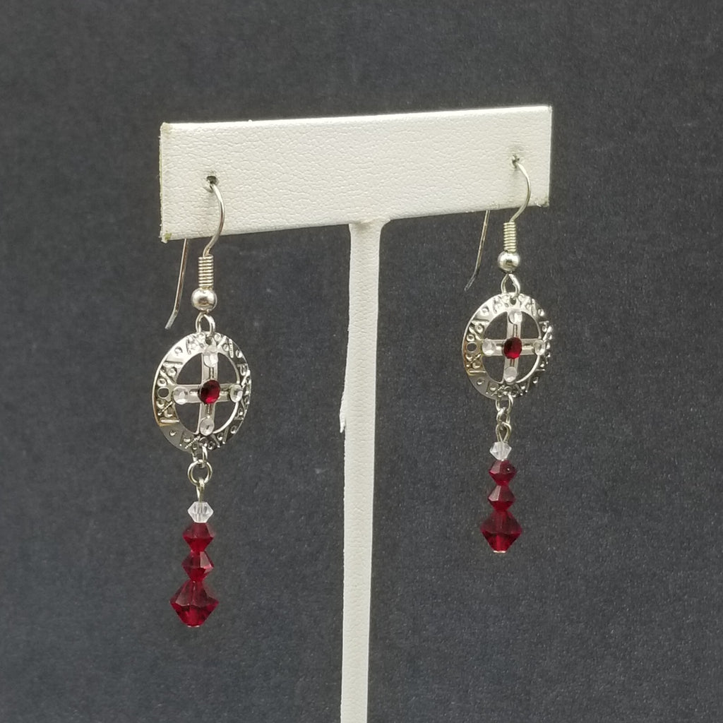 Pierced Earrings Silver tone Open Work Red Crystal Bead Statement Dangle 1 1/2"