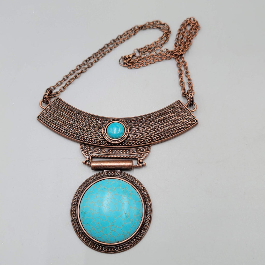 Large Medallion Statement Necklace Bronzetone Blue Howlite Pendant 18"