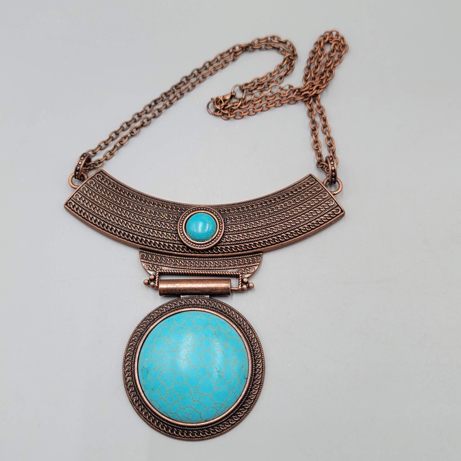 Large Medallion Statement Necklace Bronzetone Blue Howlite Pendant 18"