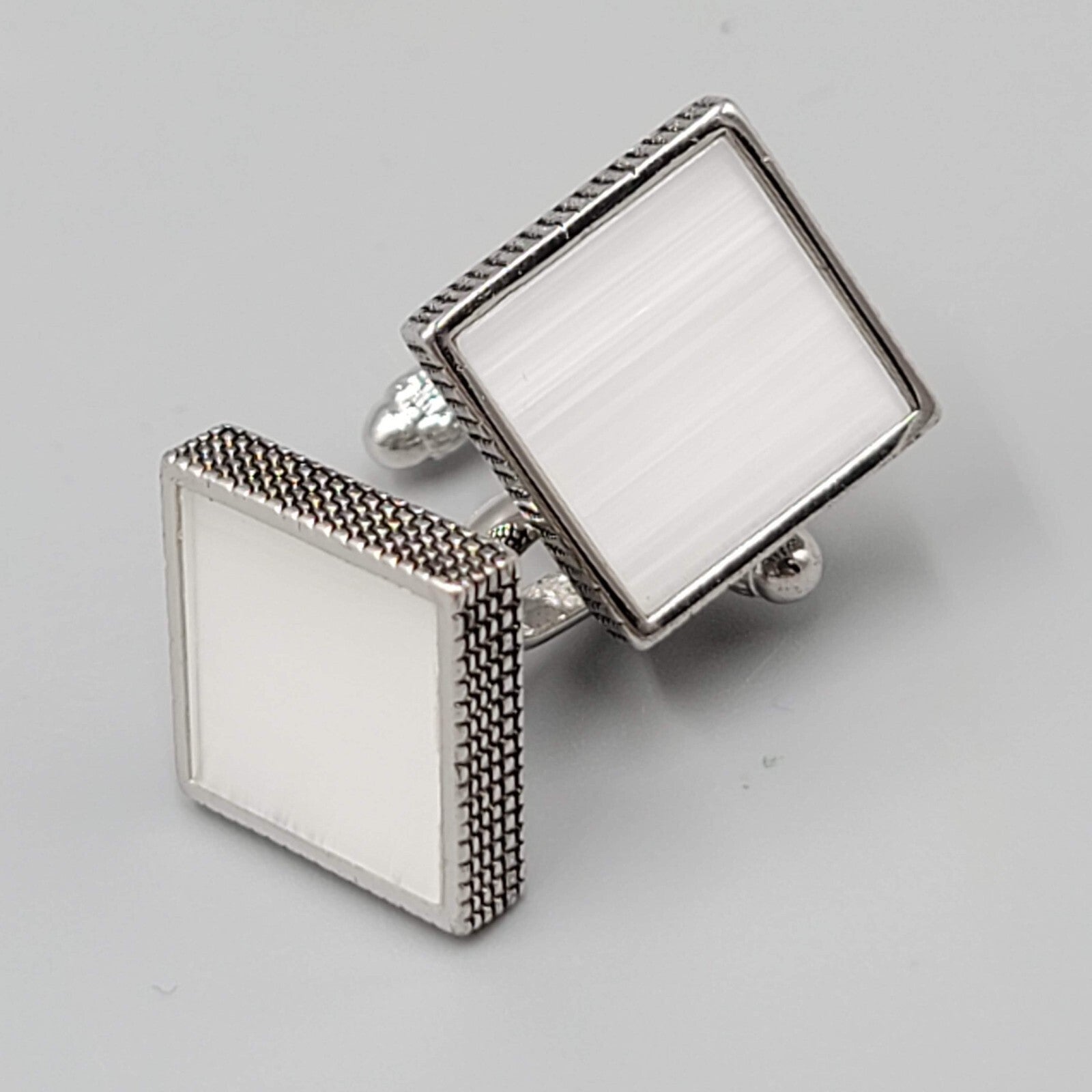 Vintage Selenite Mens Cufflinks Silver tone Square Mens Estate Jewelry 5/8"