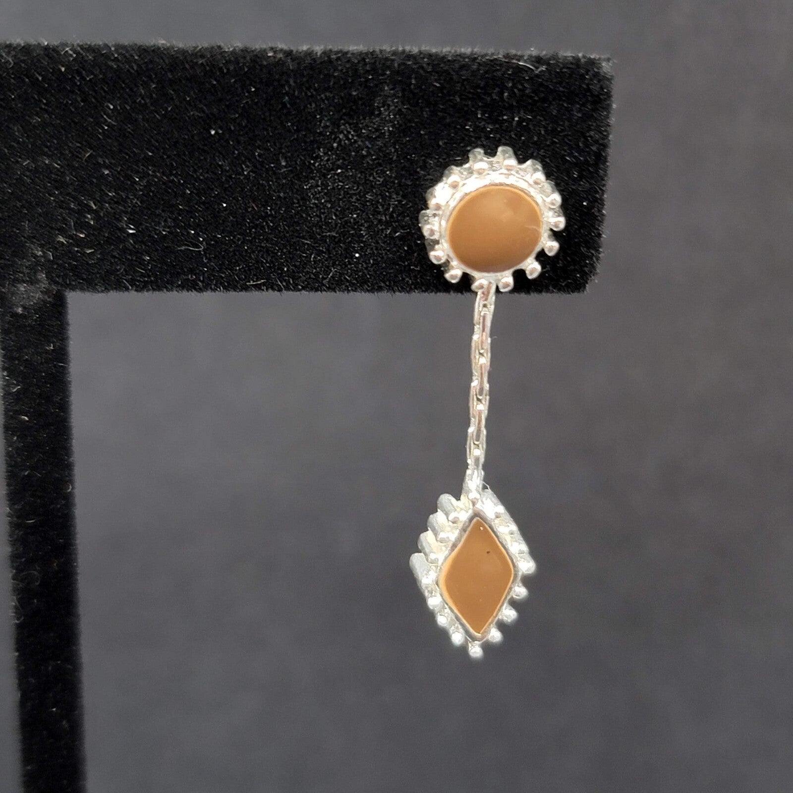 Pierced Earrings Silver tone Brown Enamel Dangle Unique Design  1.25"