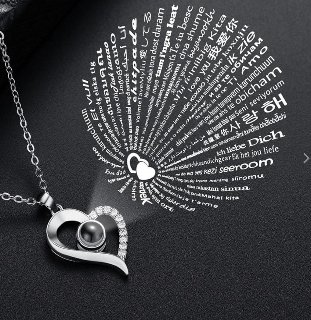 I LOVE YOU in 100 languages Heart Pendant Necklace Valentines Day Silver tone