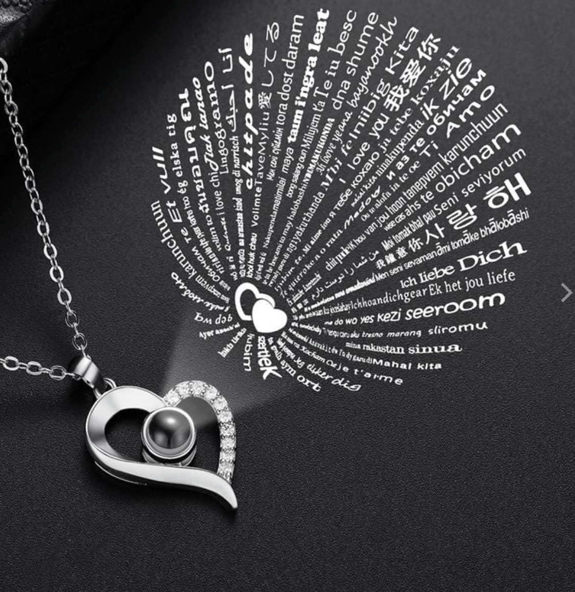 I LOVE YOU in 100 languages Heart Pendant Necklace Valentines Day Silver tone