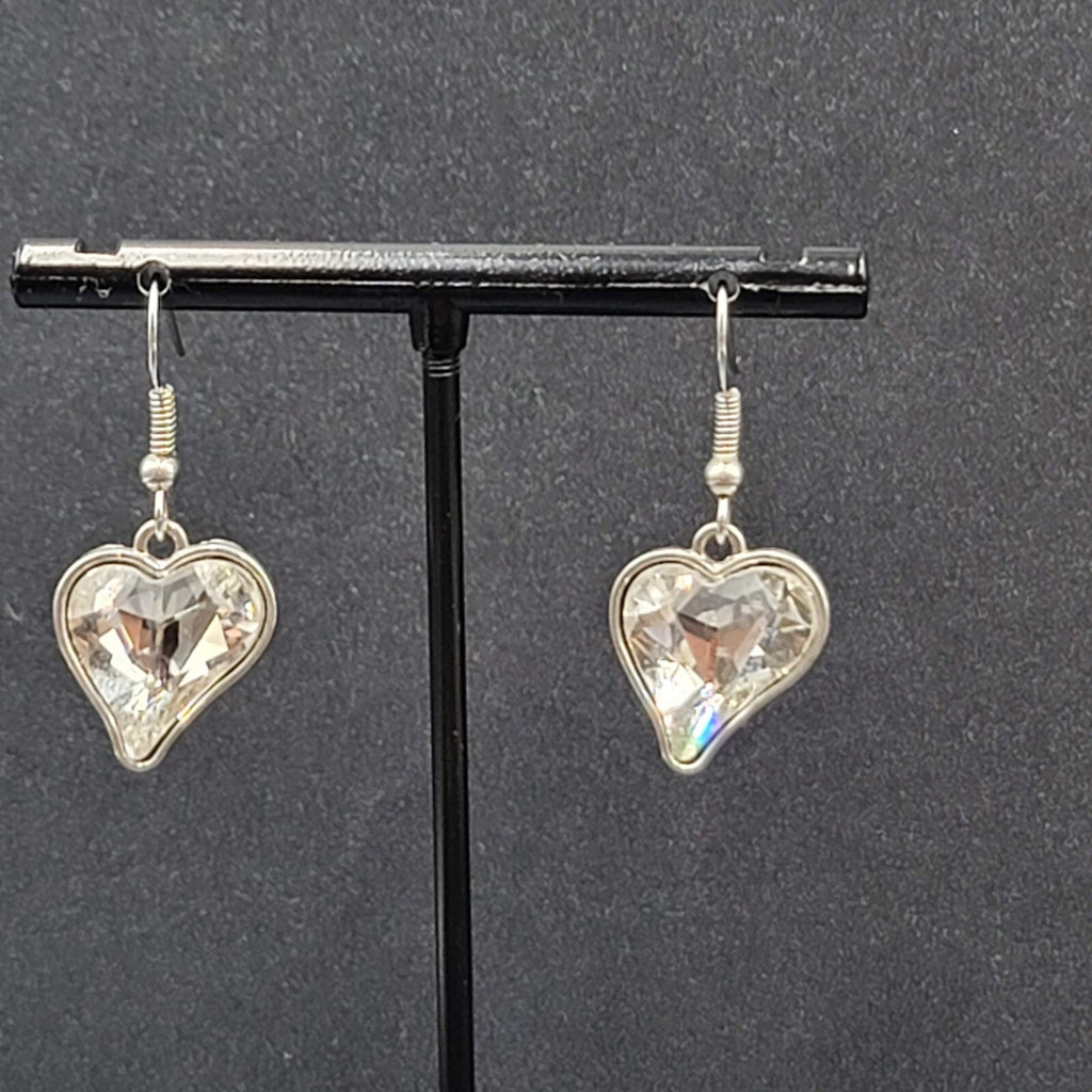 Heart Pierced Earrings Silver tone Faceted Glass Dangle 3/4"