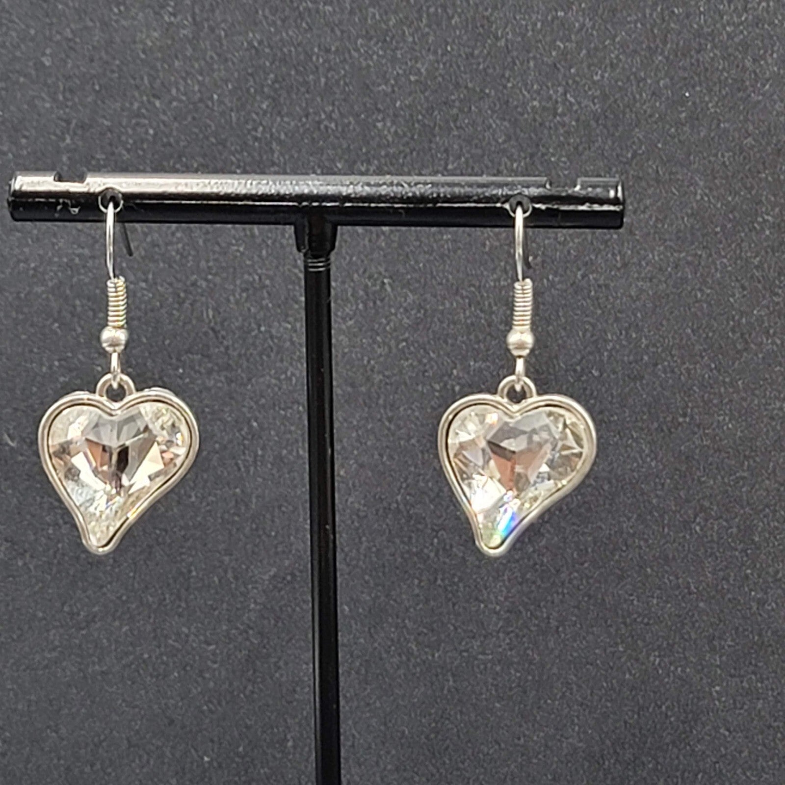 Heart Pierced Earrings Silver tone Faceted Glass Dangle 3/4"