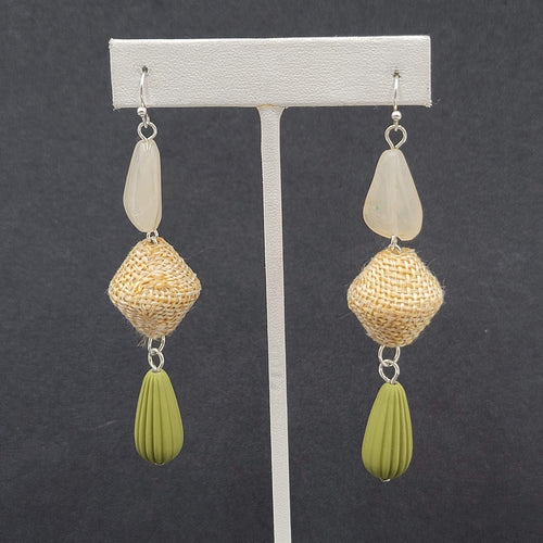 Boho Pierced Earrings Silver tone Acrylic Bead Canvas Dangle 3"