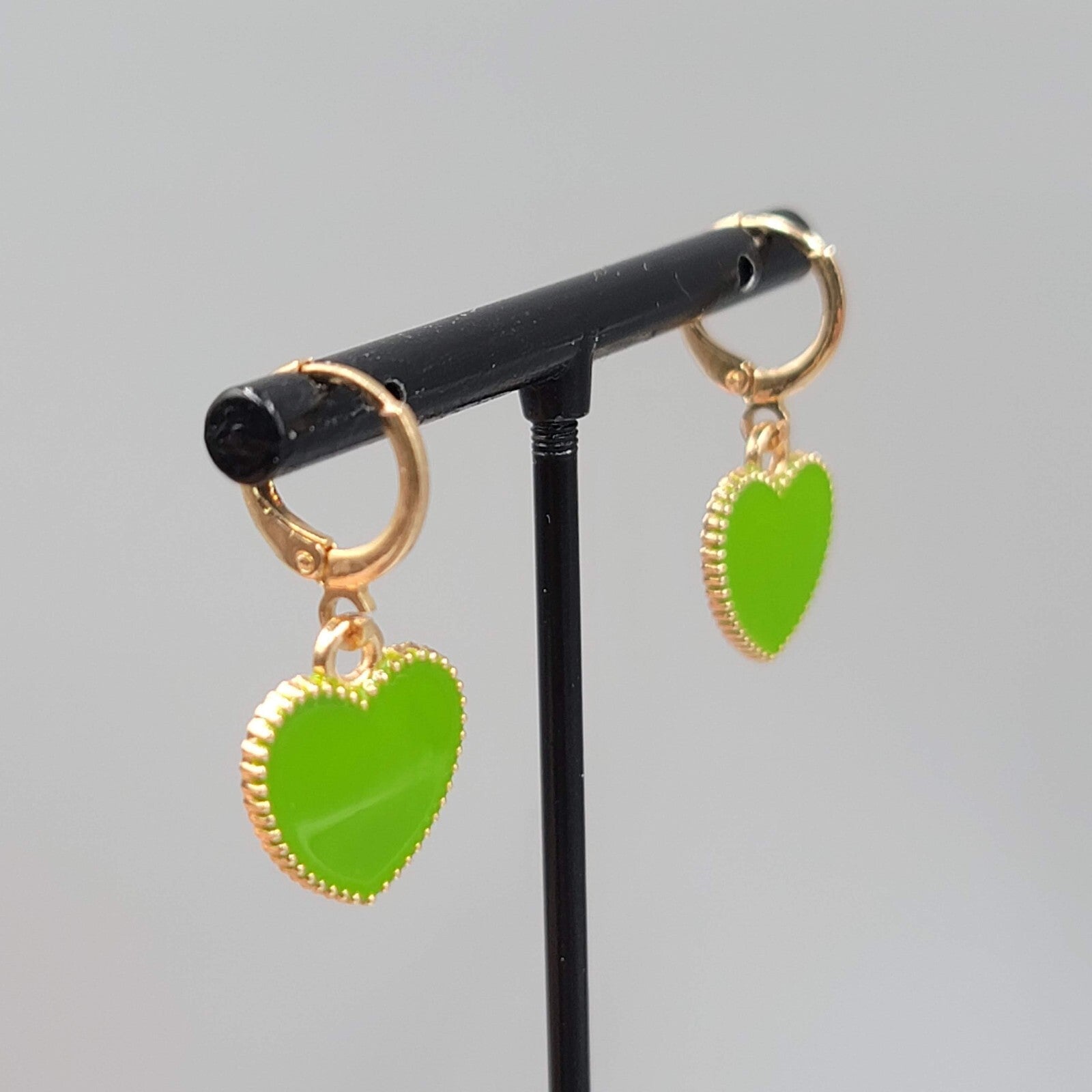 Green Enamel Heart Pierced Earrings Gold tone Huggie Hoops Dangle 5/8"