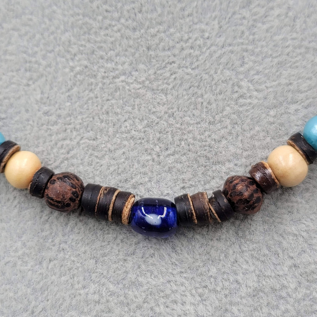 Artisan Beaded Necklace Wood Coconut Art Glass Blue Brown Beige Button Close 17"