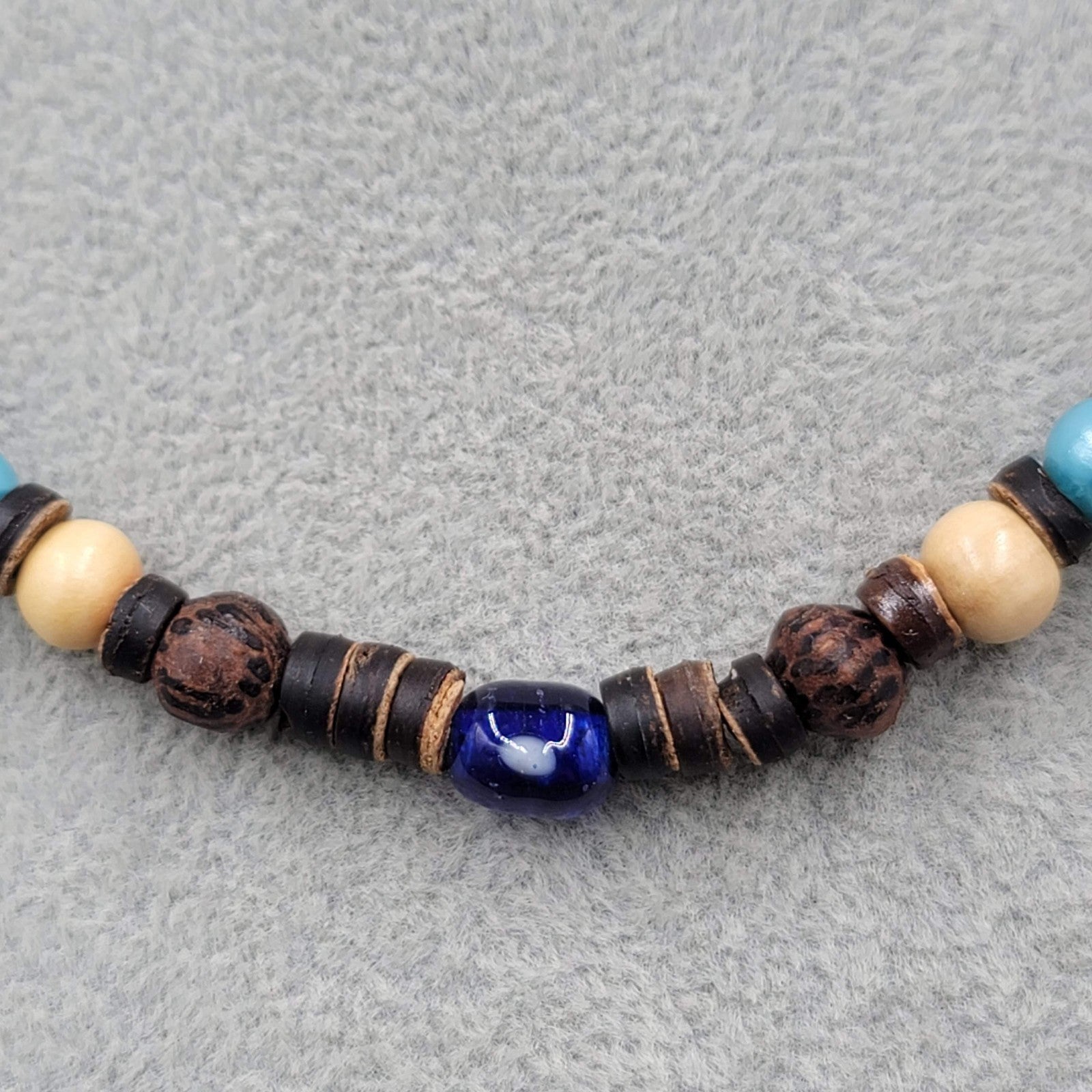 Artisan Beaded Necklace Wood Coconut Art Glass Blue Brown Beige Button Close 17"