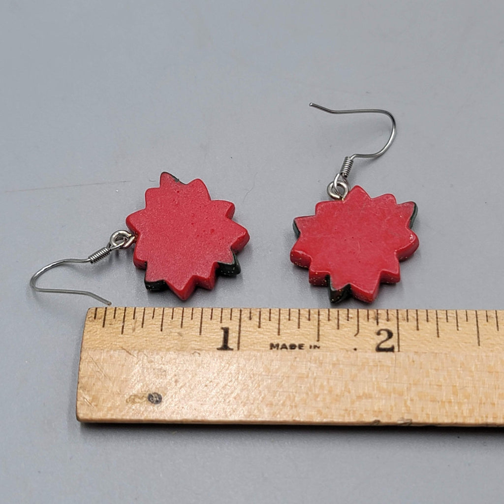 Glitter Poinsettia Flower Pierced Earrings Silver tone Dangle  7/8"