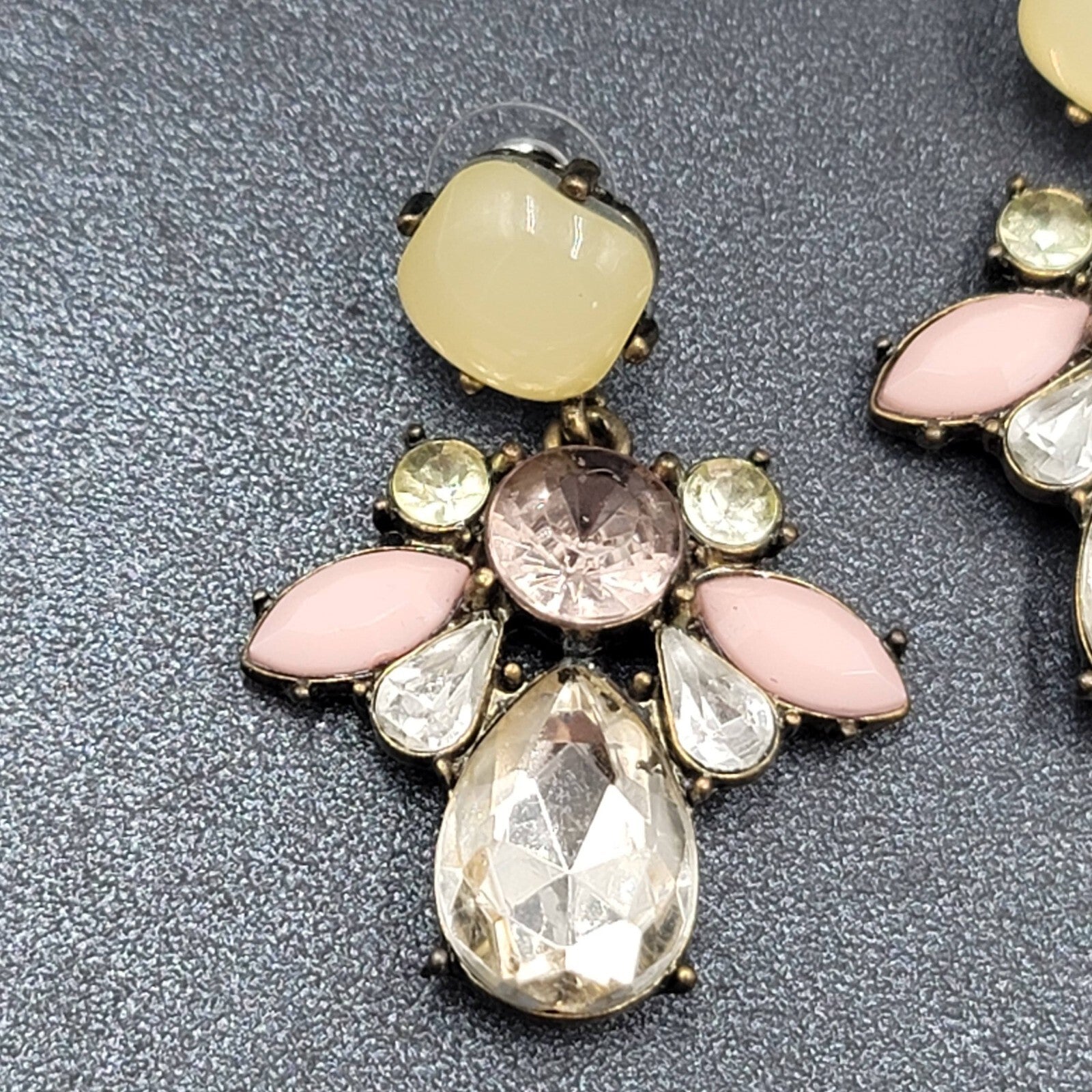 Pierced Earrings Antiqued Gold tone Multicolor Faceted Accent Acrylic 1 7/8"