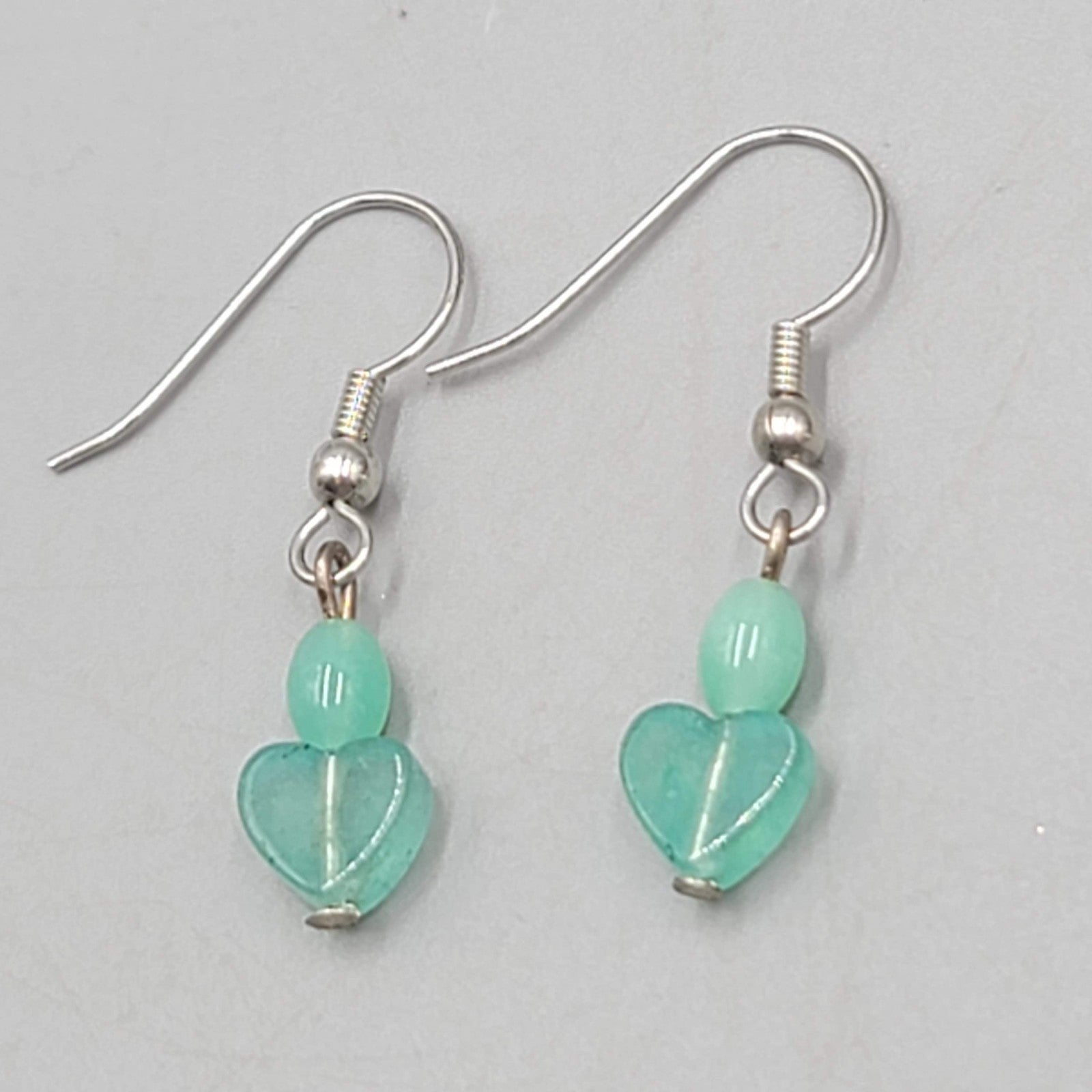 Aventurine Heart Bead Pierced Earrings Silver tone Dangle Dainty 5/8 in