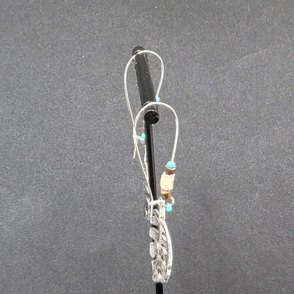 Pierced Earrings Silver tone Leaf Beaded Dangle 2.25"