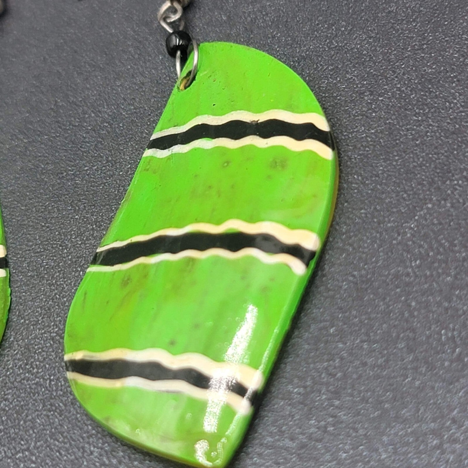 Pierced Earrings Silver tone Green Shell Hand Painted Dangle Acrylic 2.25"