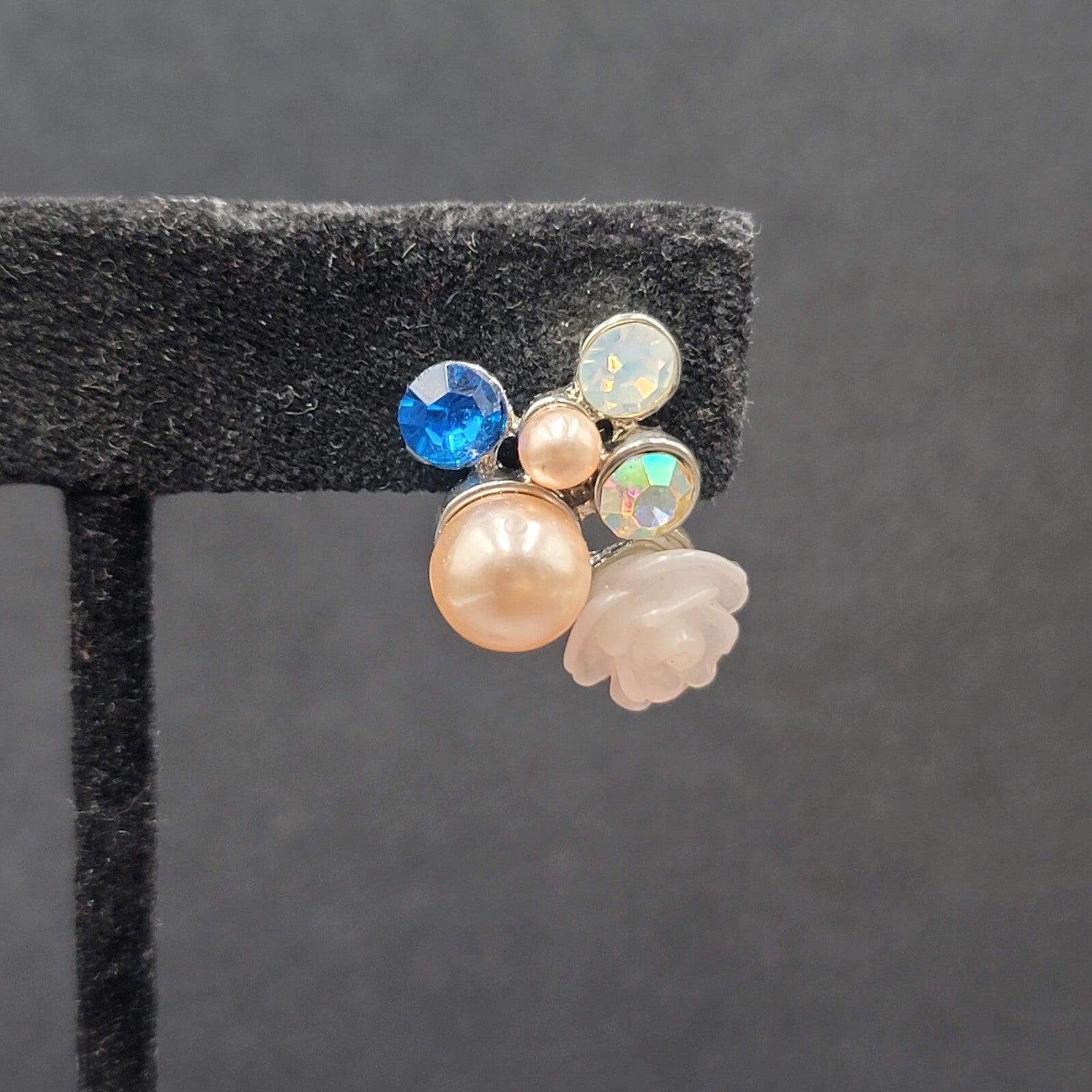 Pierced Earrings Multicolor Bead Rose Cluster Drop Gold tone 1"