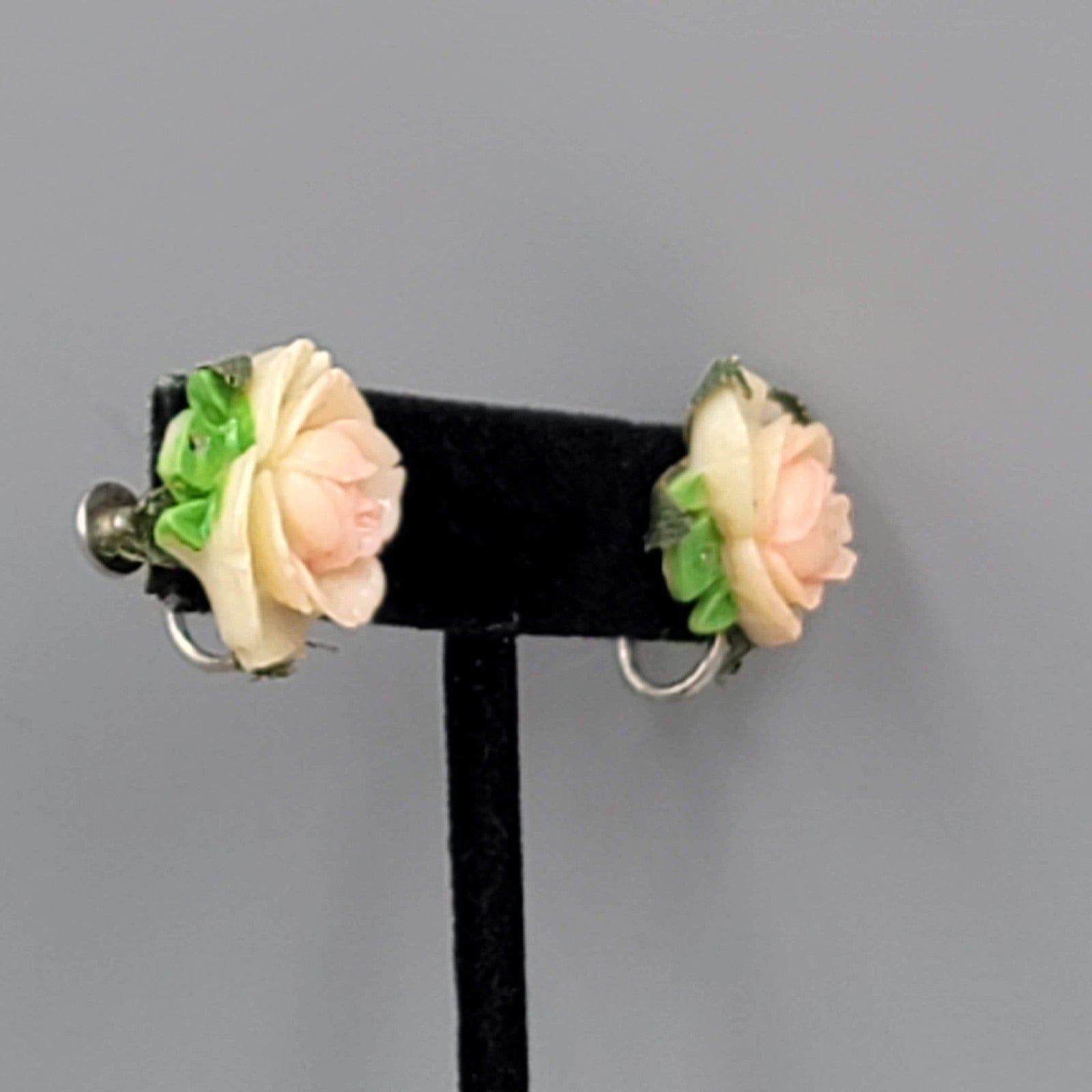 Vintage Acrylic Rose Clip on Earrings Screw Back 3/4"