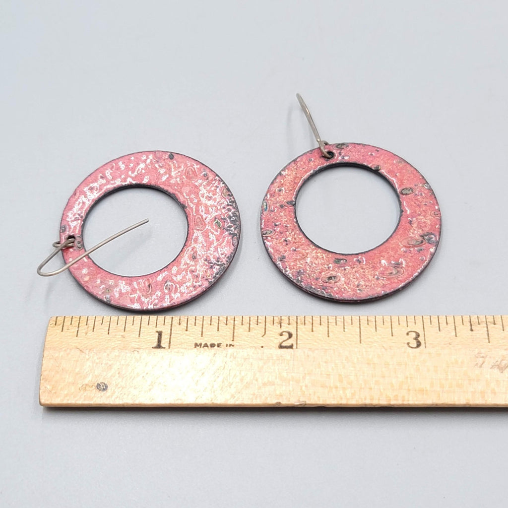 Artisan Vintage Blue Enamel Open Discs Pierced Earrings Round Dangle 1.5"