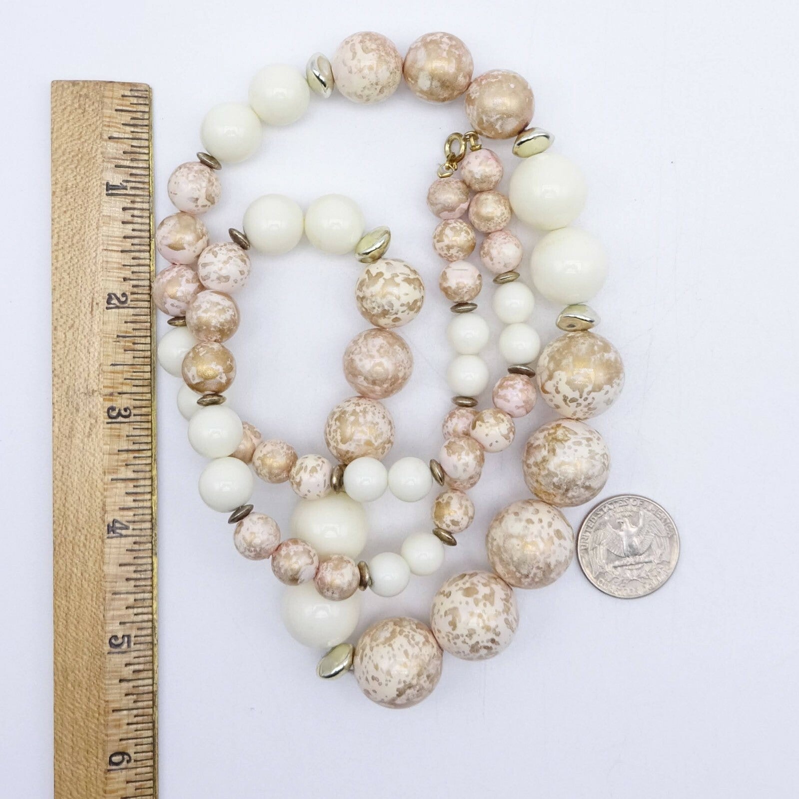 Vintage Mid Century White and Gold Graduated Bead Necklace 30 in