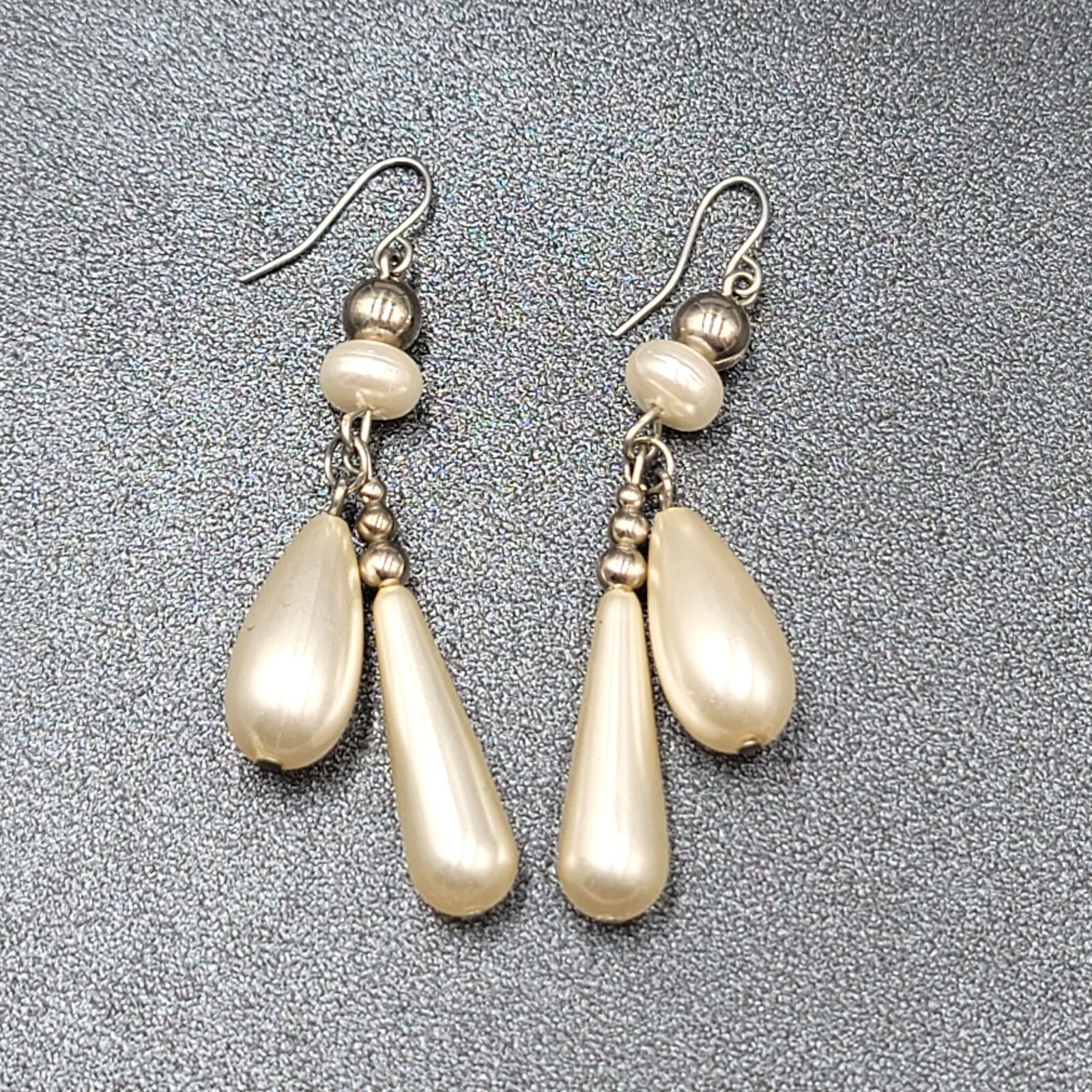 Pierced Earrings Silver tone White Teardrop Bead Dangle 2"