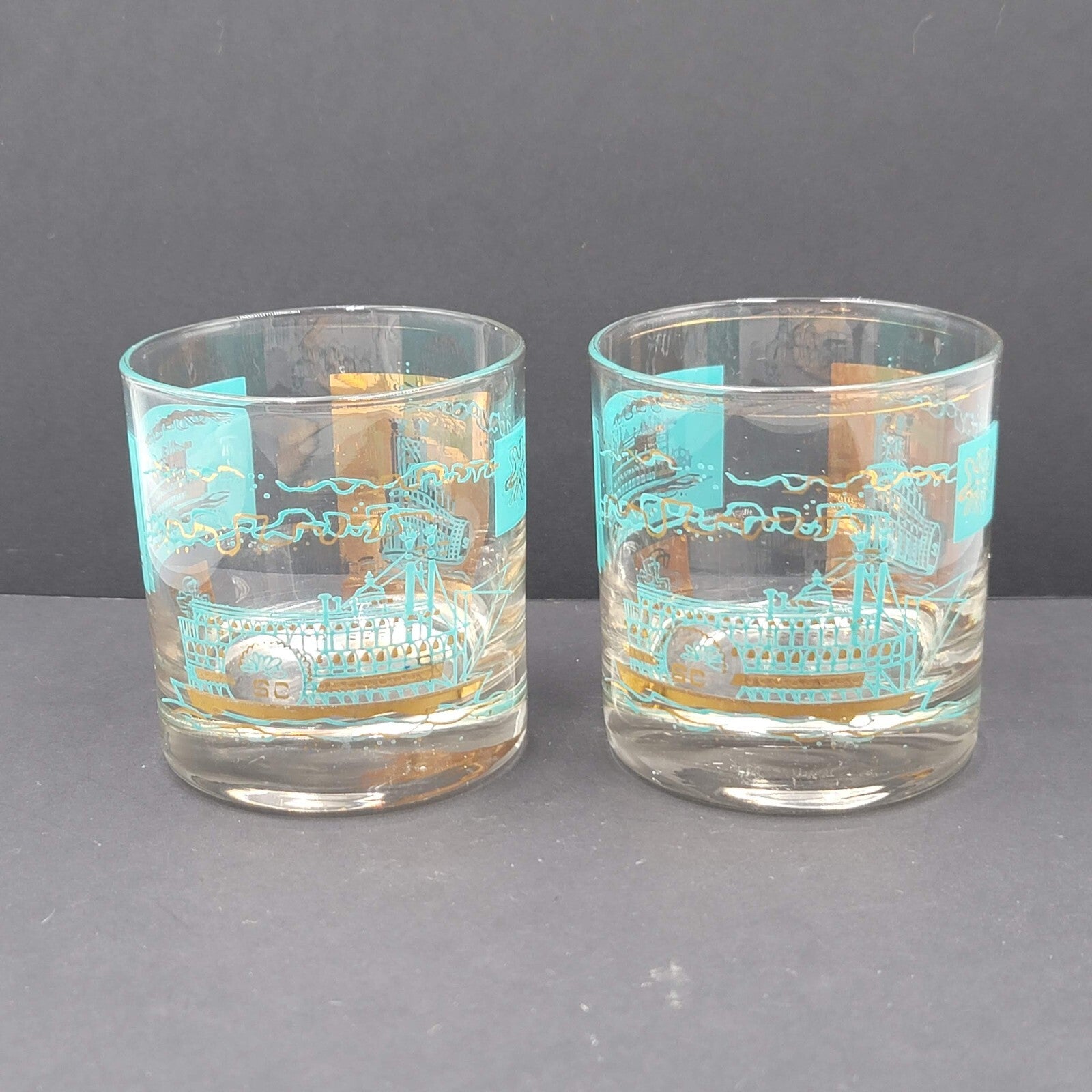 Vintage Southern Comfort Steamboat Lowball Glasses 2 Blue & Gold libbey MCM