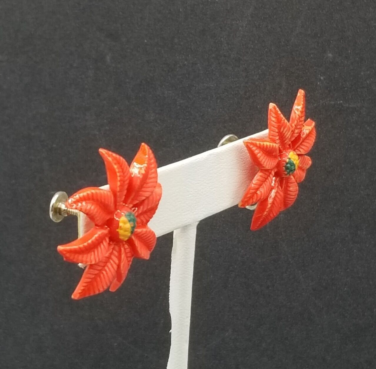 Vintage Clip On Red Acrylic Poinsettia Christmas Stud 1 1/8"
