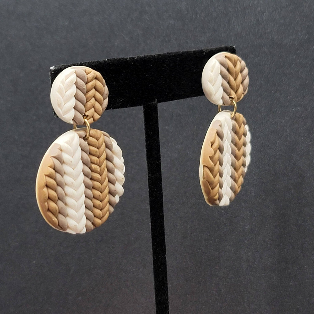 Pierced Earrings Brown White Braided Polymer Dangle 1 7/8"